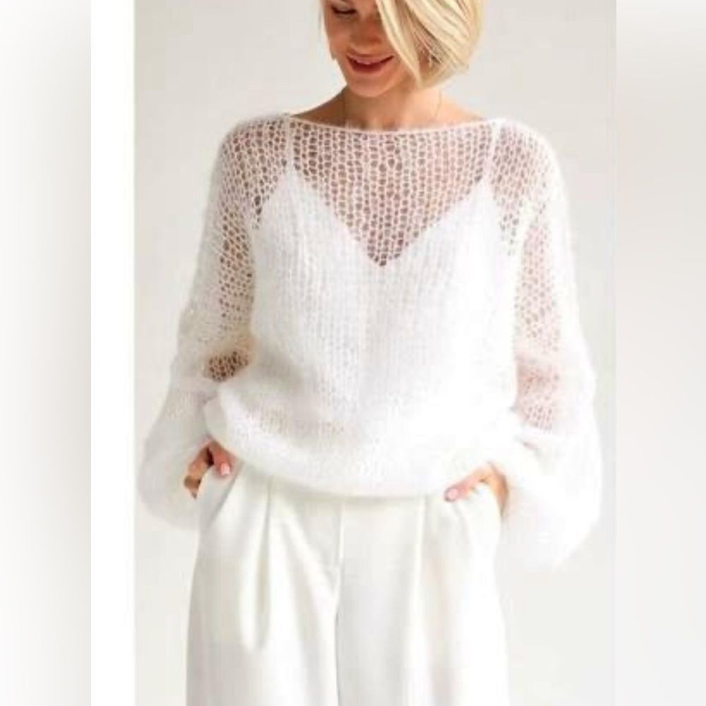 🌟💝Elegant 💝🌟White Knit Lantern Sleeve Sweater Sz S